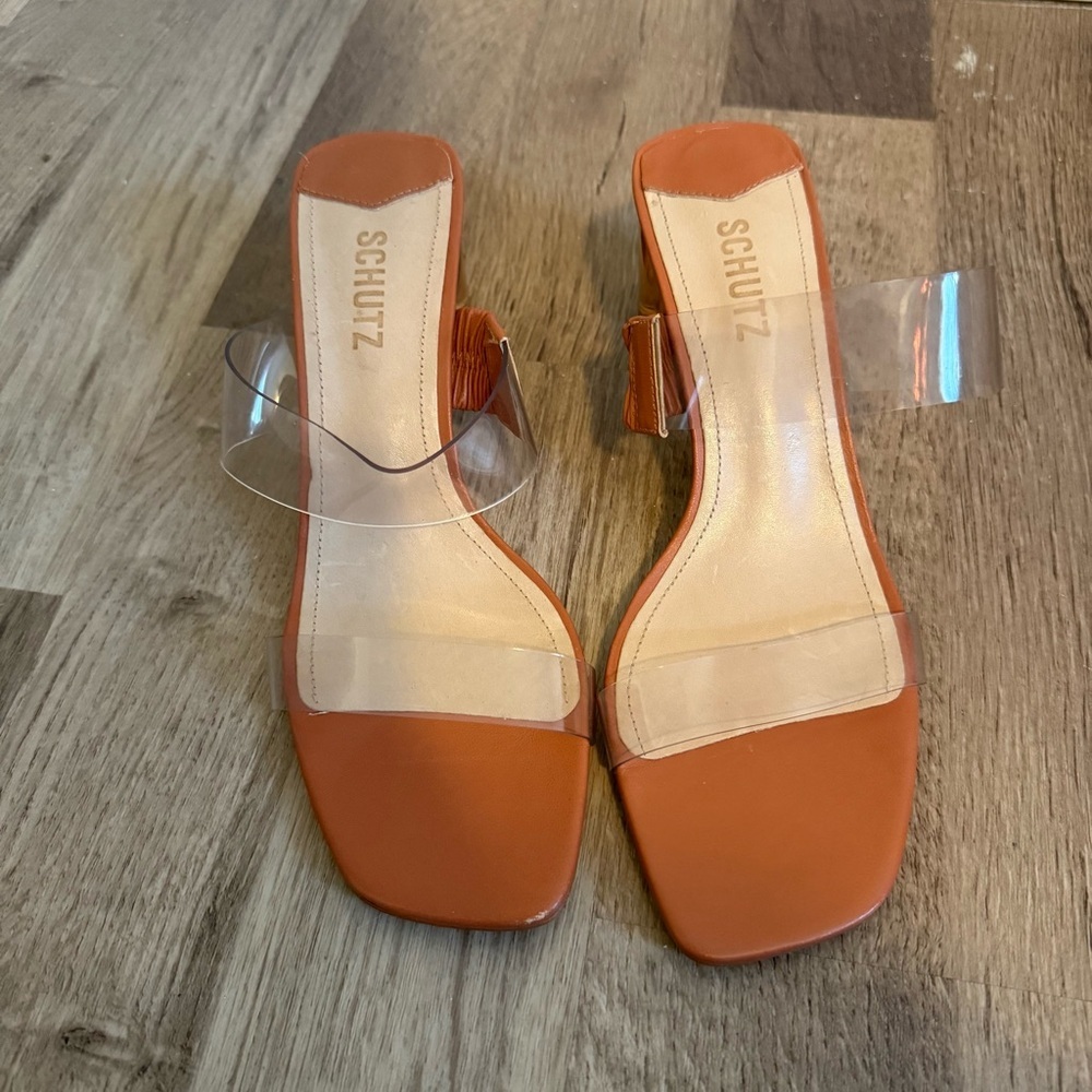 Schutz Ariella Light Brown/Orange High Heel PVC Transparent Sandals Womens 8.5B